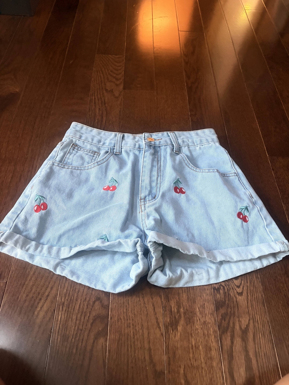 SHEIN Light Blue Denim Cherry Embroidered Shorts